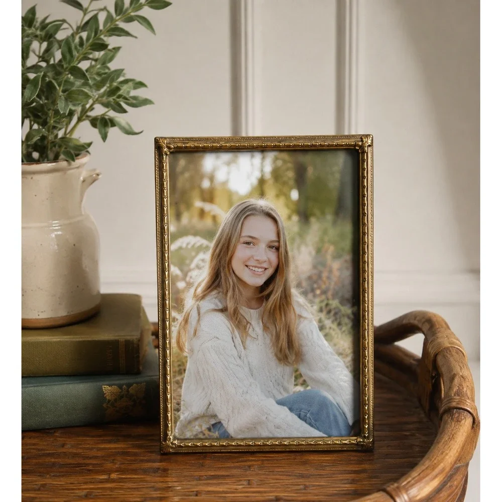 Vintage Gold Tone 5x7 Picture Frame Embossed Edge Tabletop Decor